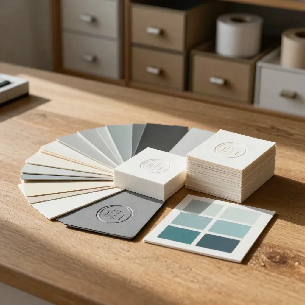 Campioni di identità visiva con carte, swatch teal e blocchi su banco in studio