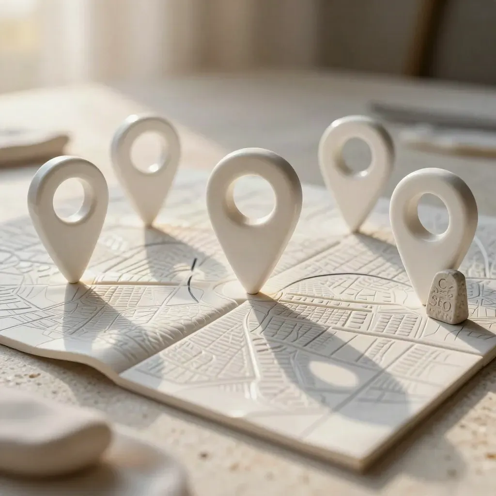 Pin ceramici bianchi e tessere mappa su travertino, scena SEO locale calda e tattile.