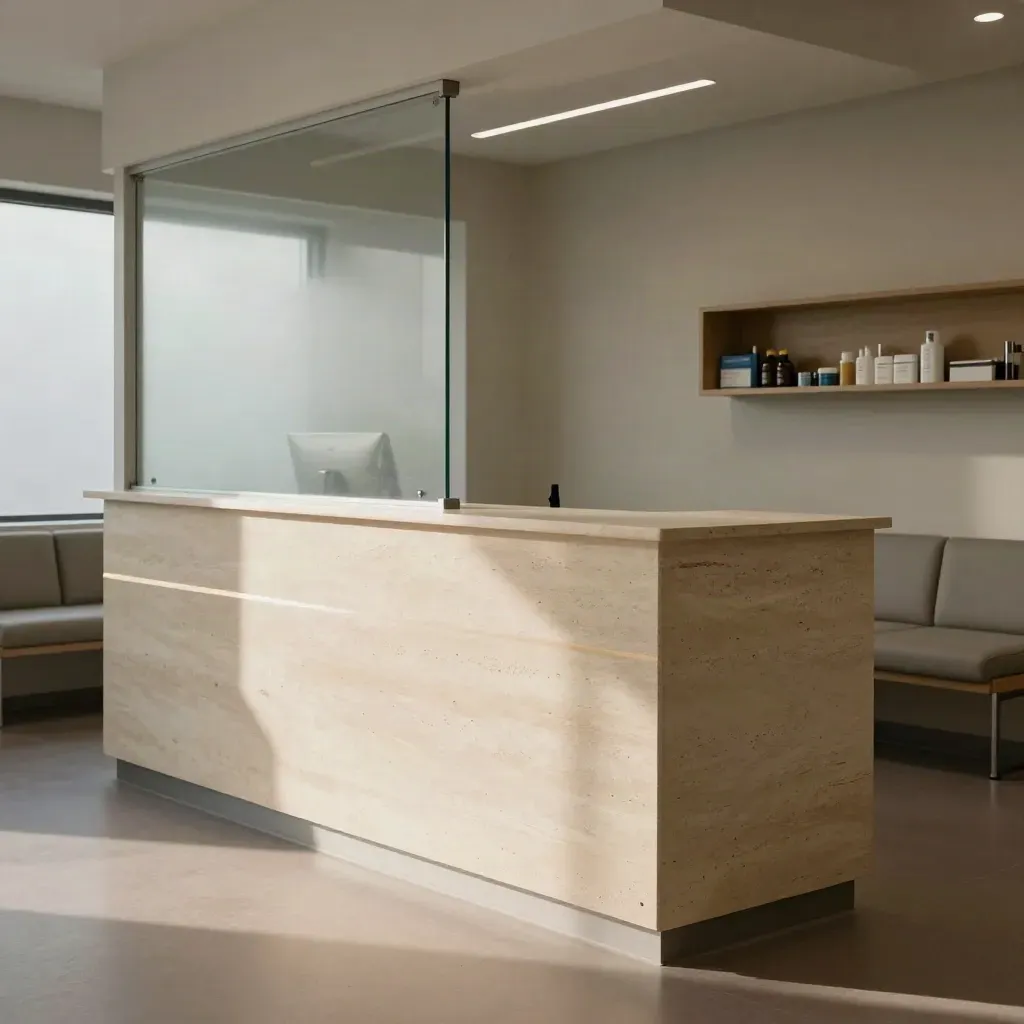 Receptione di studio medico rinnovato con bancone in pietra, vetro satinato e sala d’attesa ordinata.