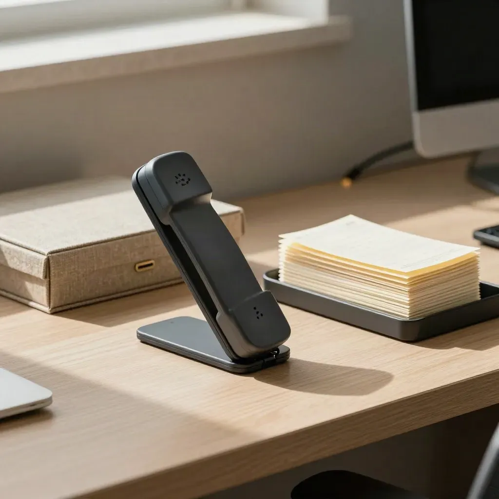 Scrivania consulente pronta per chiamate, con supporto telefono, scatola proposte e schede agenda.