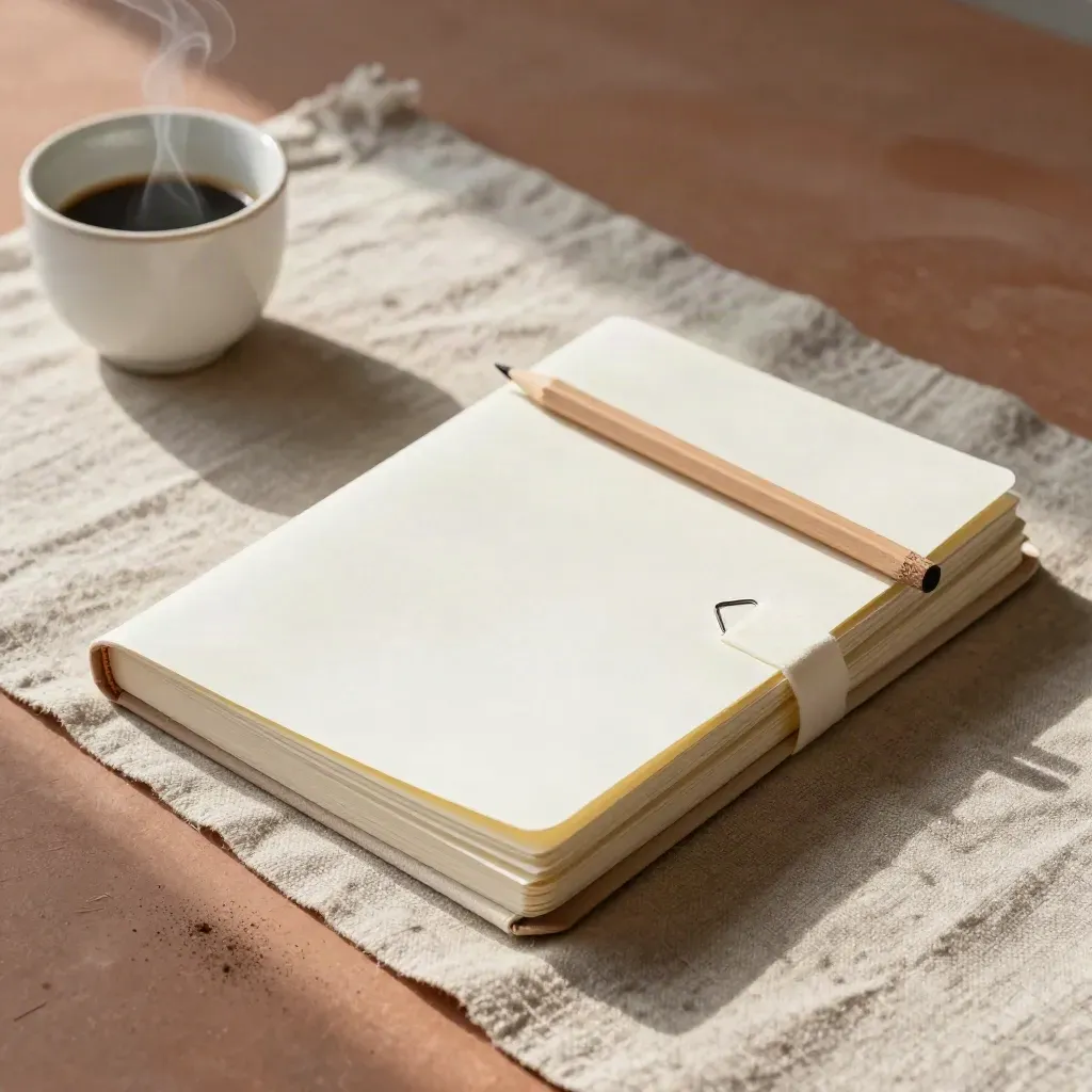 Flat lay di quaderni, matite e tazza in ceramica su lino caldo, luce mattutina.