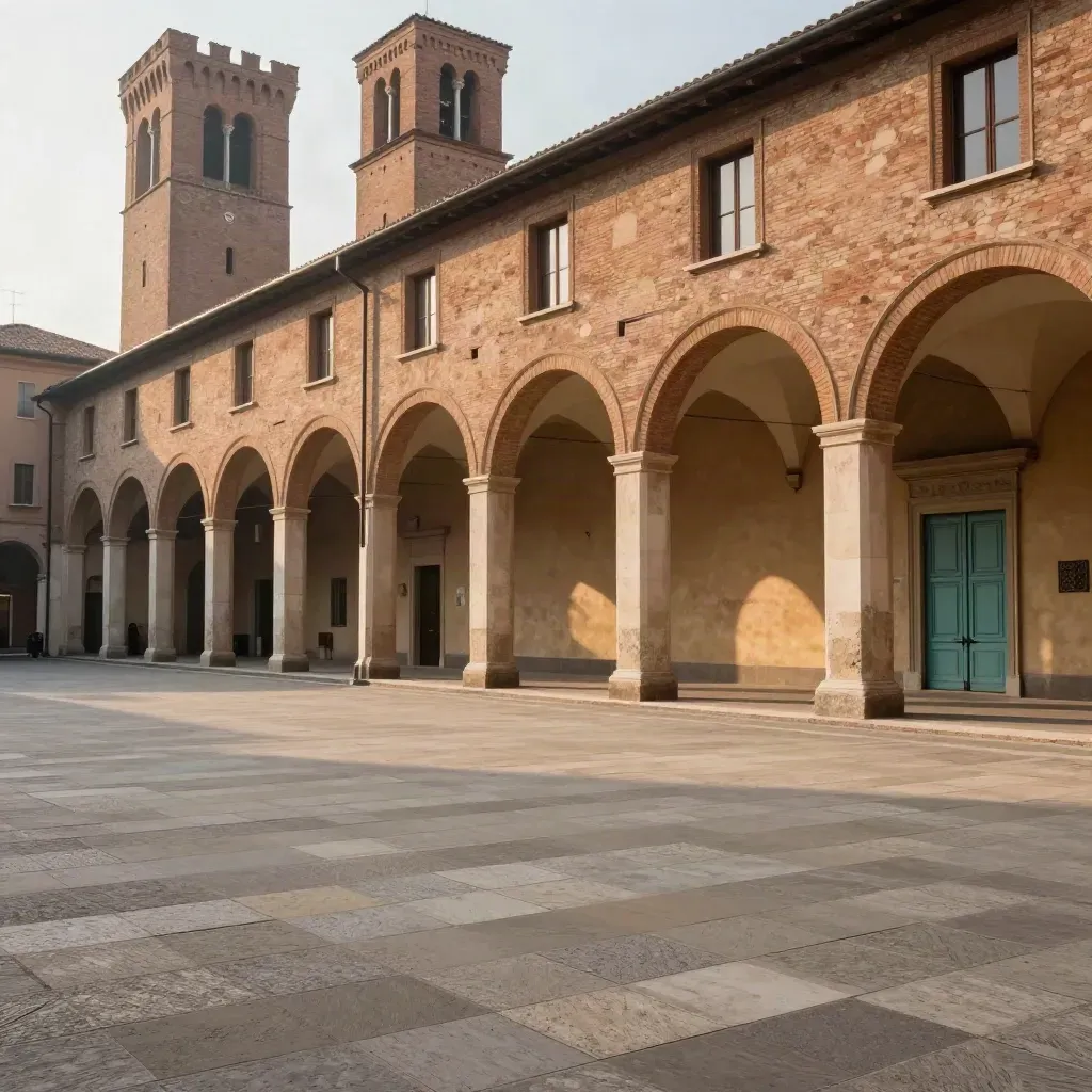 Portici di Bologna al tramonto sopra una piazza in pietra vuota, luce calda e atmosfera morbida.