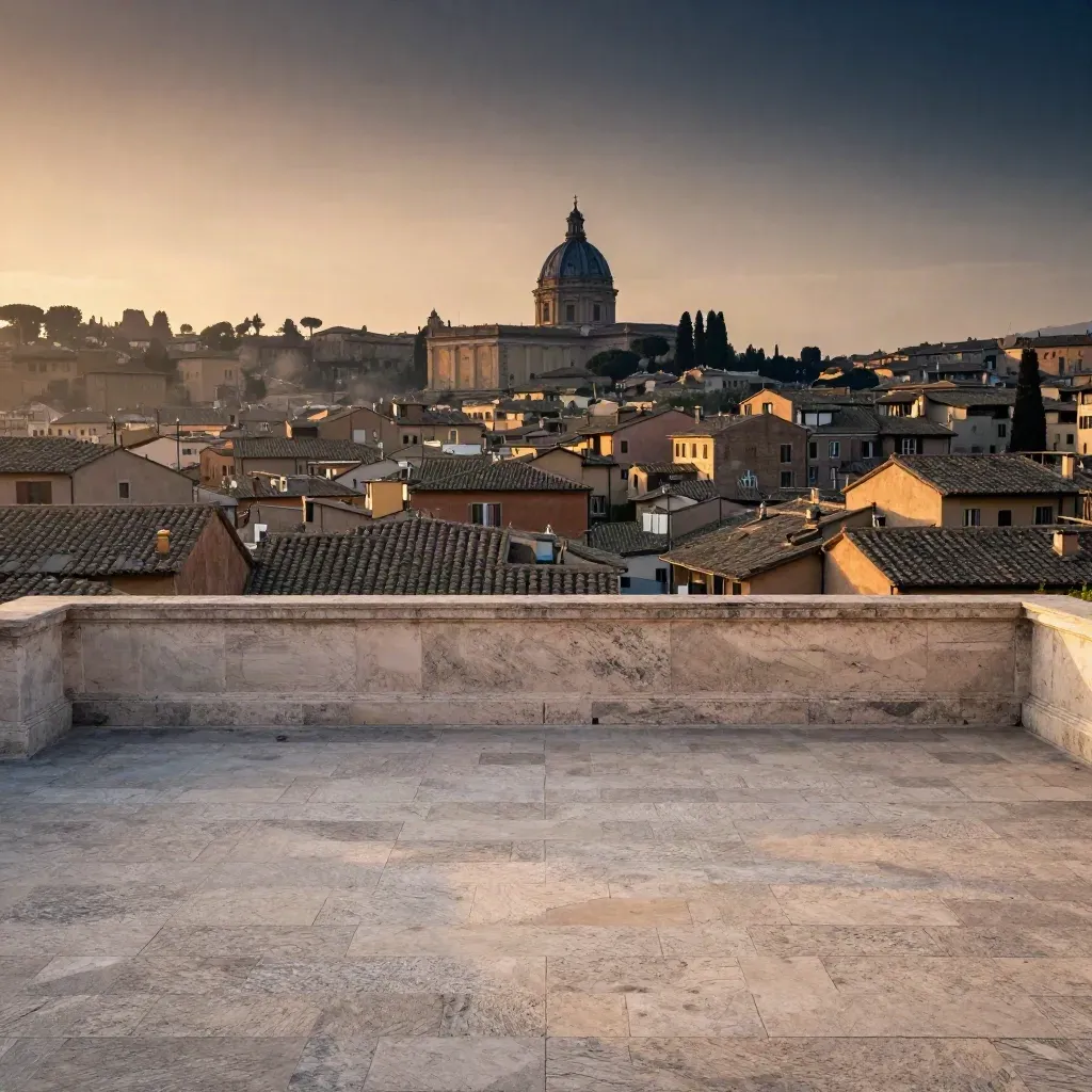 Tetti di Roma al tramonto con cupola lontana e cipressi sopra una terrazza in travertino.