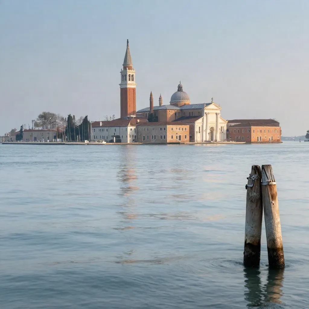Laguna veneta all’alba blu, campanile lontano e isole pastello sopra acqua calma.